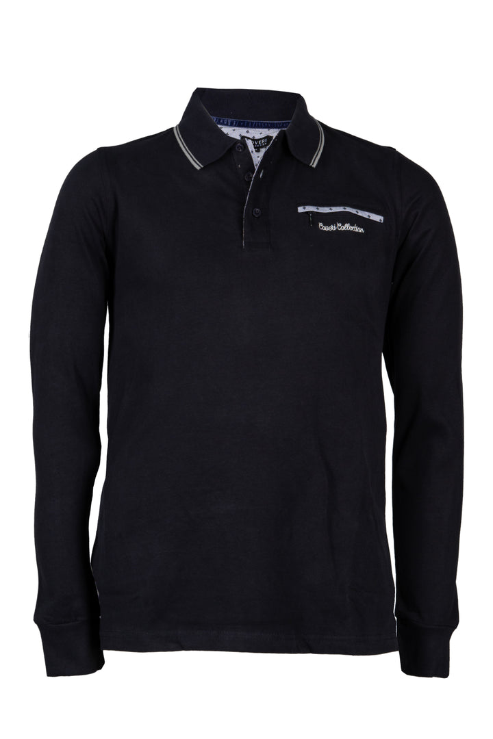 Polo uomo manica lunga in jersey caldo cotone con taschino sul petto chiuso da zip e mezzaluna in contrasto