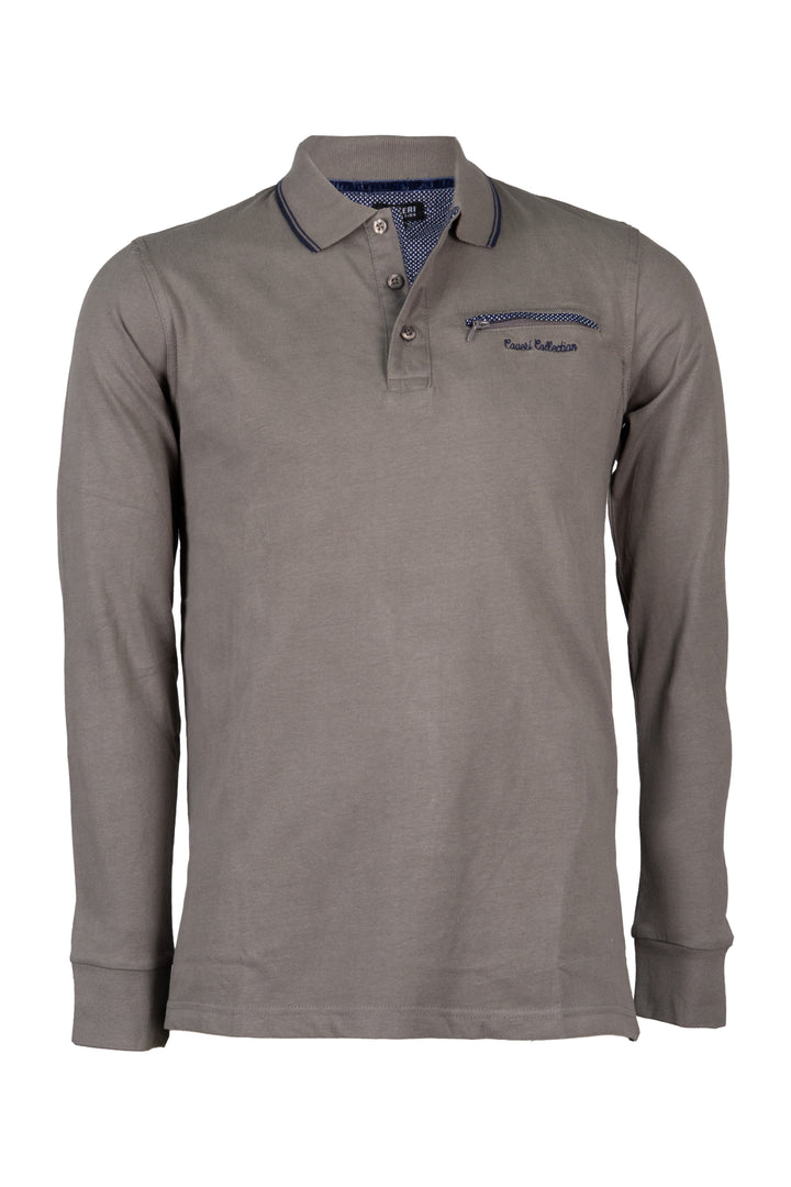 Polo uomo manica lunga in jersey caldo cotone con taschino sul petto chiuso da zip e mezzaluna in contrasto