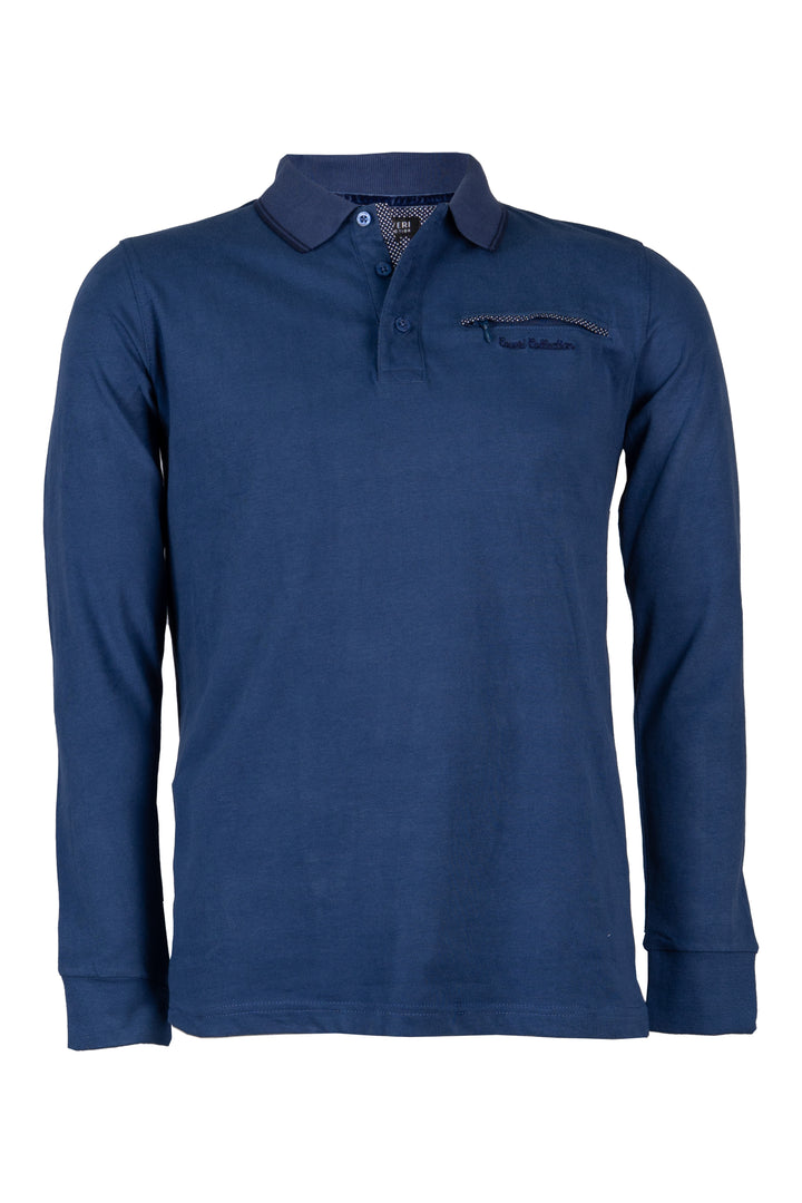 Polo uomo manica lunga in jersey caldo cotone con taschino sul petto chiuso da zip e mezzaluna in contrasto