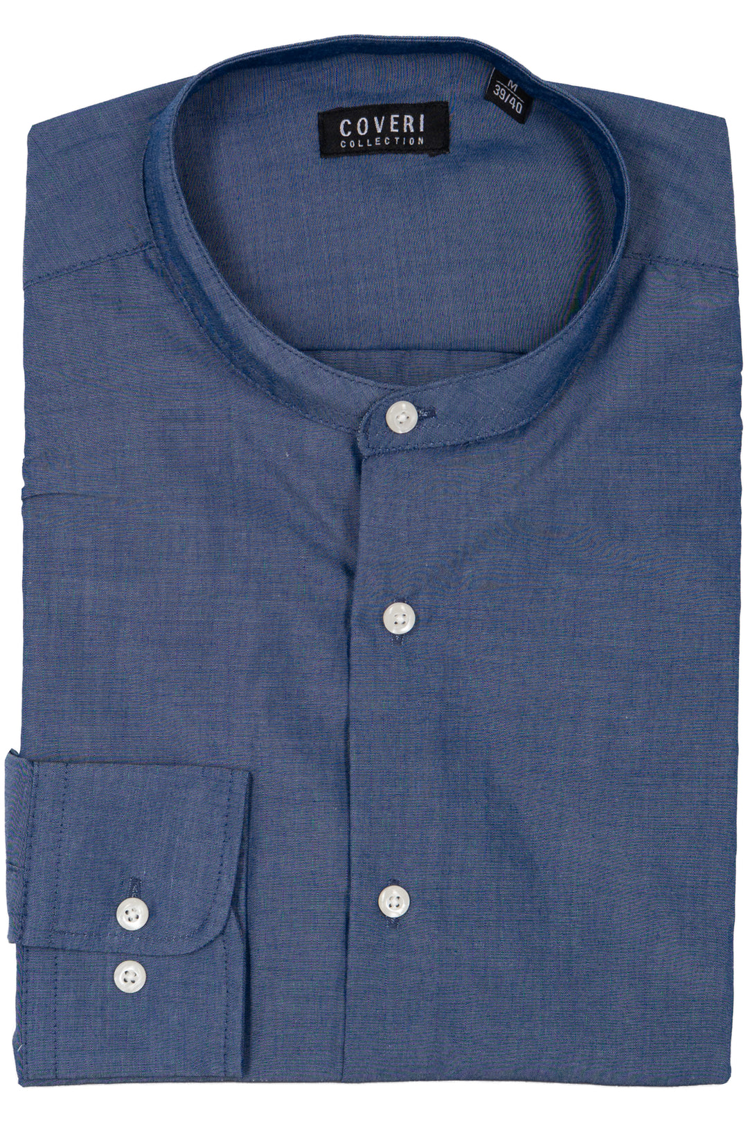 Camicia manica lunga in cotone chambray con collo coreano