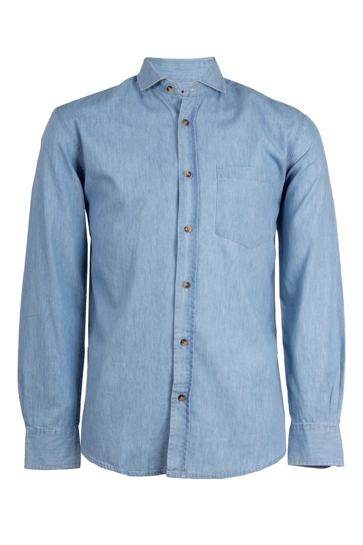 Camicia jeans con collo francese e taschino sul petto