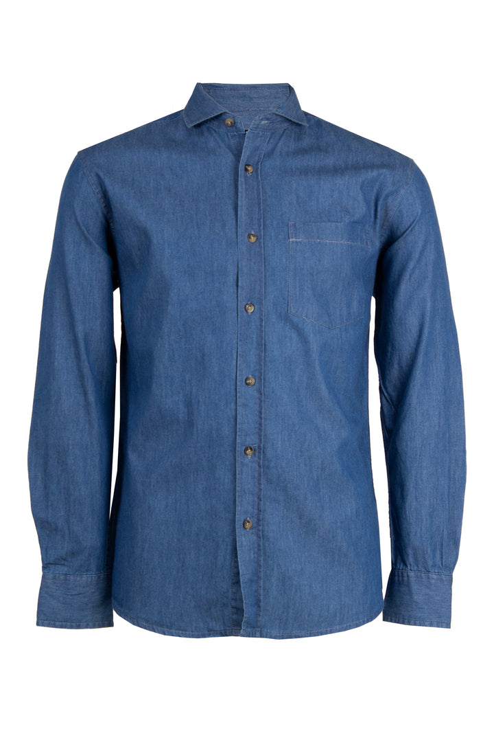 Camicia jeans con collo francese e taschino sul petto