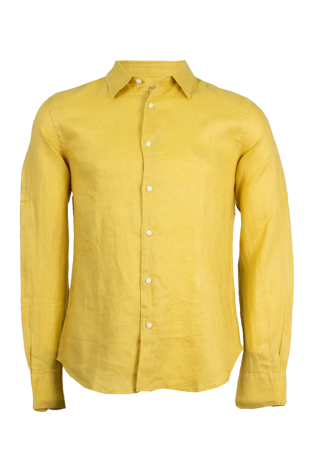 Camicia collo classico in puro lino colore senape con logo ricamato sul cuore