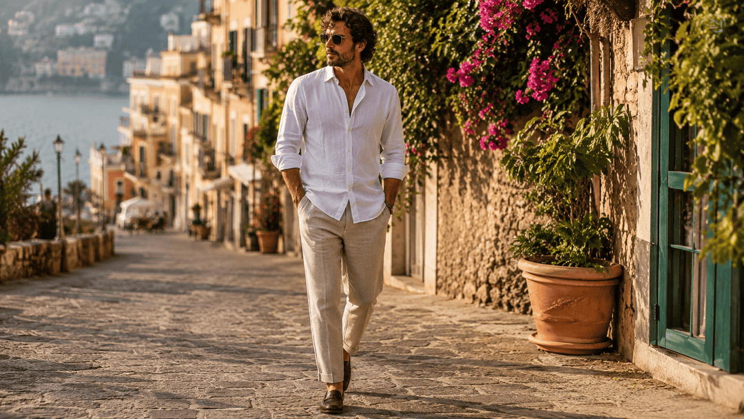 Uomo con pantaloni estivi in lino beige e camicia bianca in una strada italiana assolata