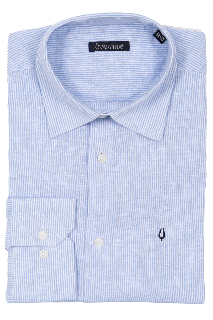 9762 BST -- Camicia manica lunga in misto lino a righe con collo classico