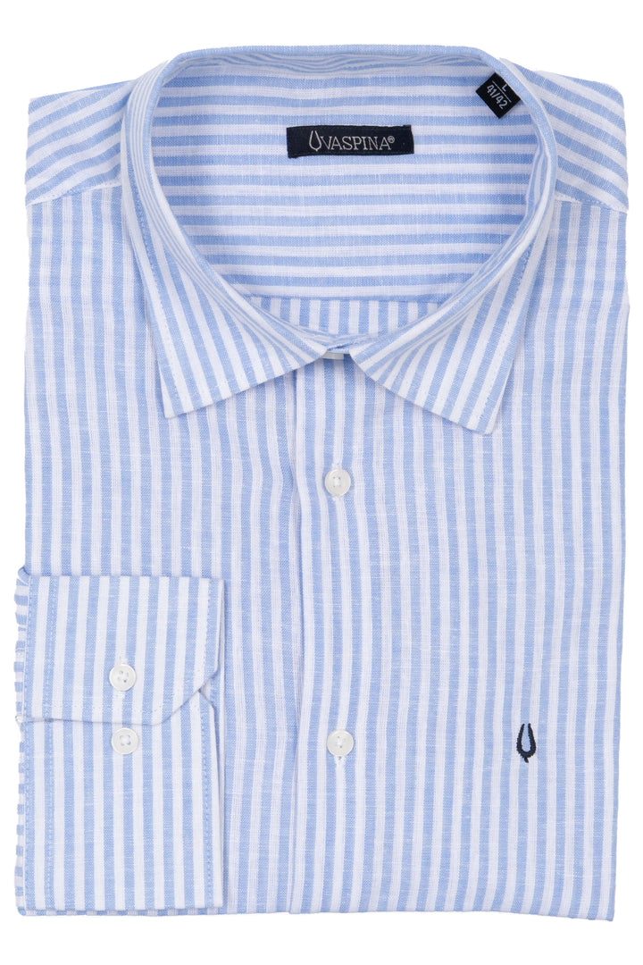 9762 BST -- Camicia manica lunga in misto lino a righe con collo classico