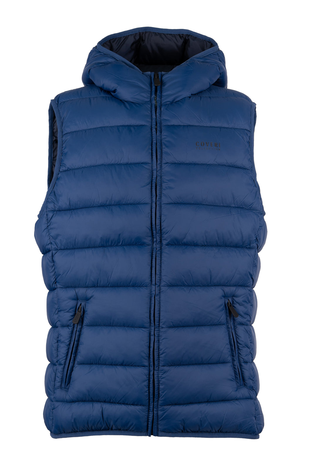 Gilet smanicato trapuntato con cappuccio non staccabile e interno in contrasto cromatico, full zip e tasche laterali