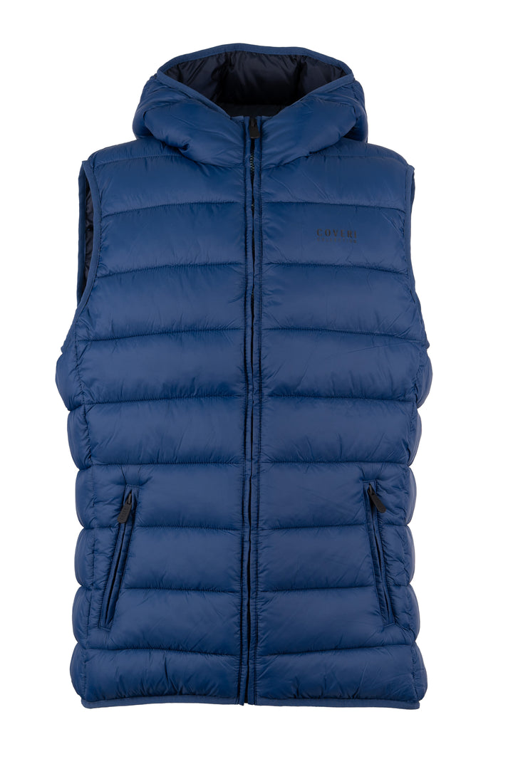 Gilet smanicato trapuntato con cappuccio non staccabile e interno in contrasto cromatico, full zip e tasche laterali