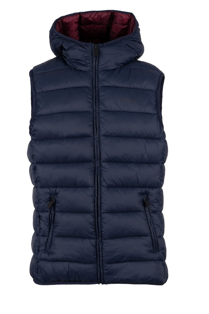 Gilet smanicato trapuntato con cappuccio non staccabile e interno in contrasto cromatico, full zip e tasche laterali
