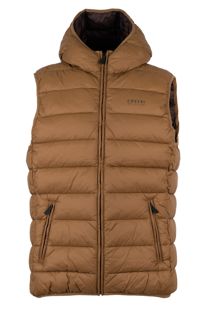 Gilet smanicato trapuntato con cappuccio non staccabile e interno in contrasto cromatico, full zip e tasche laterali