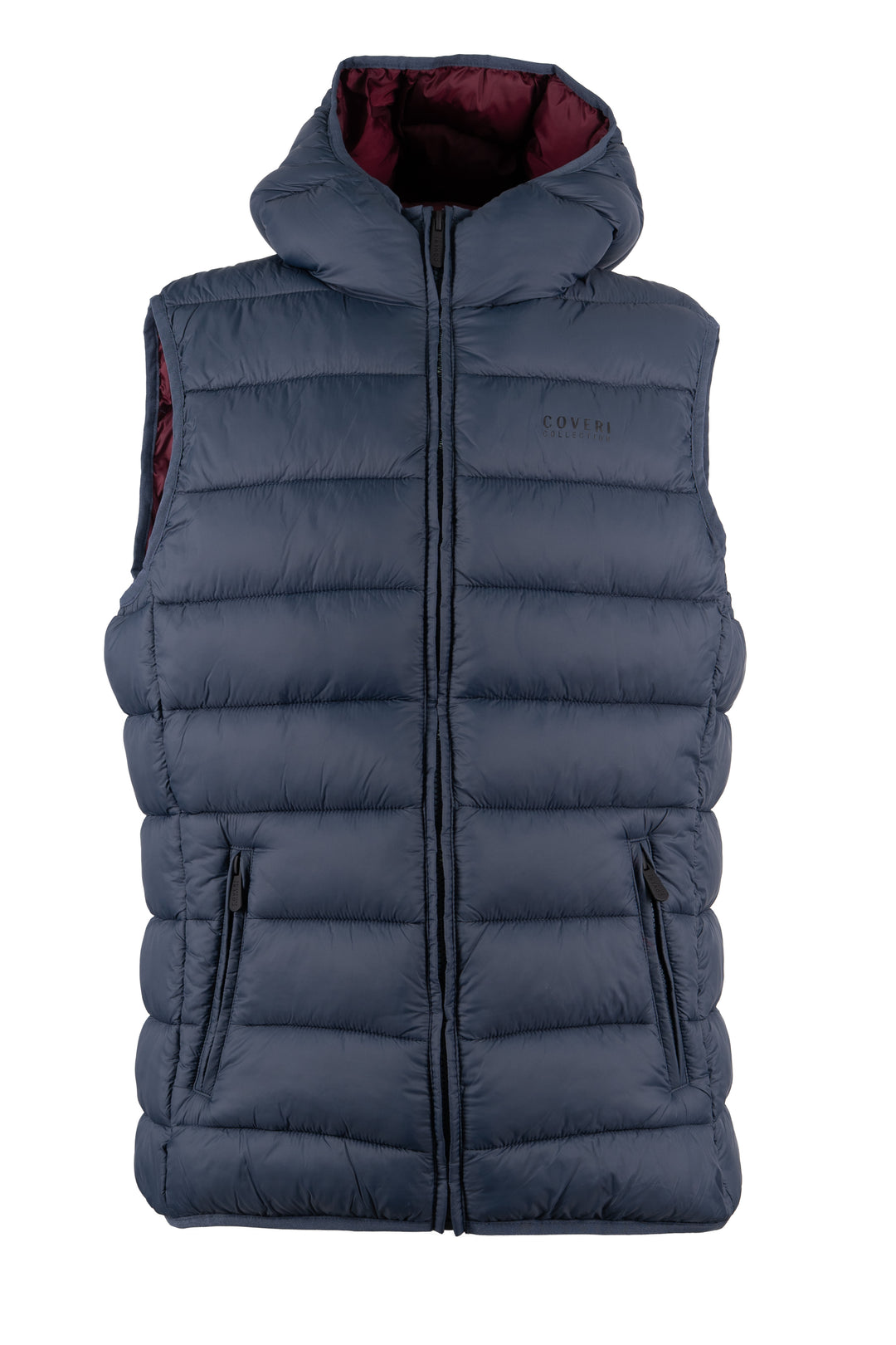 Gilet smanicato trapuntato con cappuccio non staccabile e interno in contrasto cromatico, full zip e tasche laterali