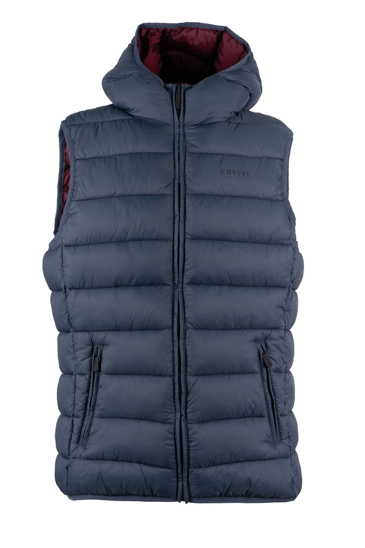 Gilet smanicato trapuntato con cappuccio non staccabile e interno in contrasto cromatico, full zip e tasche laterali