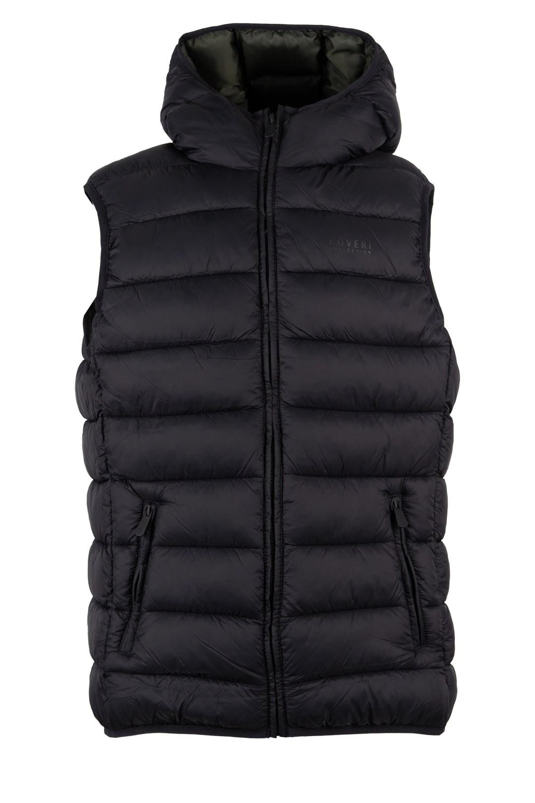 Gilet smanicato trapuntato con cappuccio non staccabile e interno in contrasto cromatico, full zip e tasche laterali