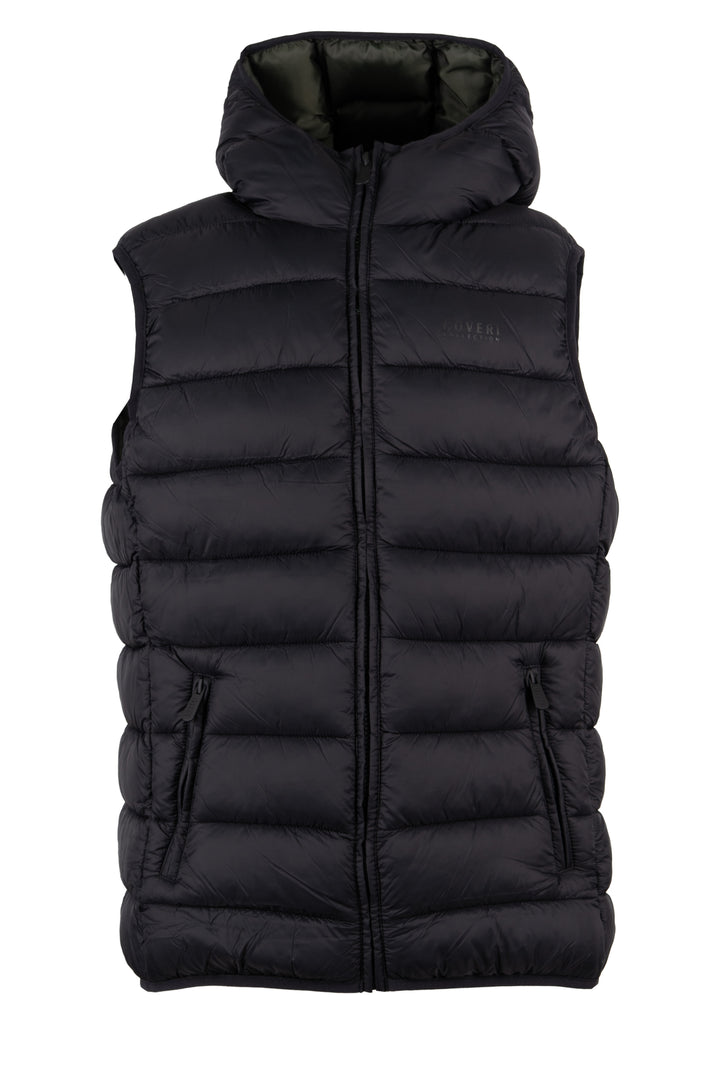 Gilet smanicato trapuntato con cappuccio non staccabile e interno in contrasto cromatico, full zip e tasche laterali