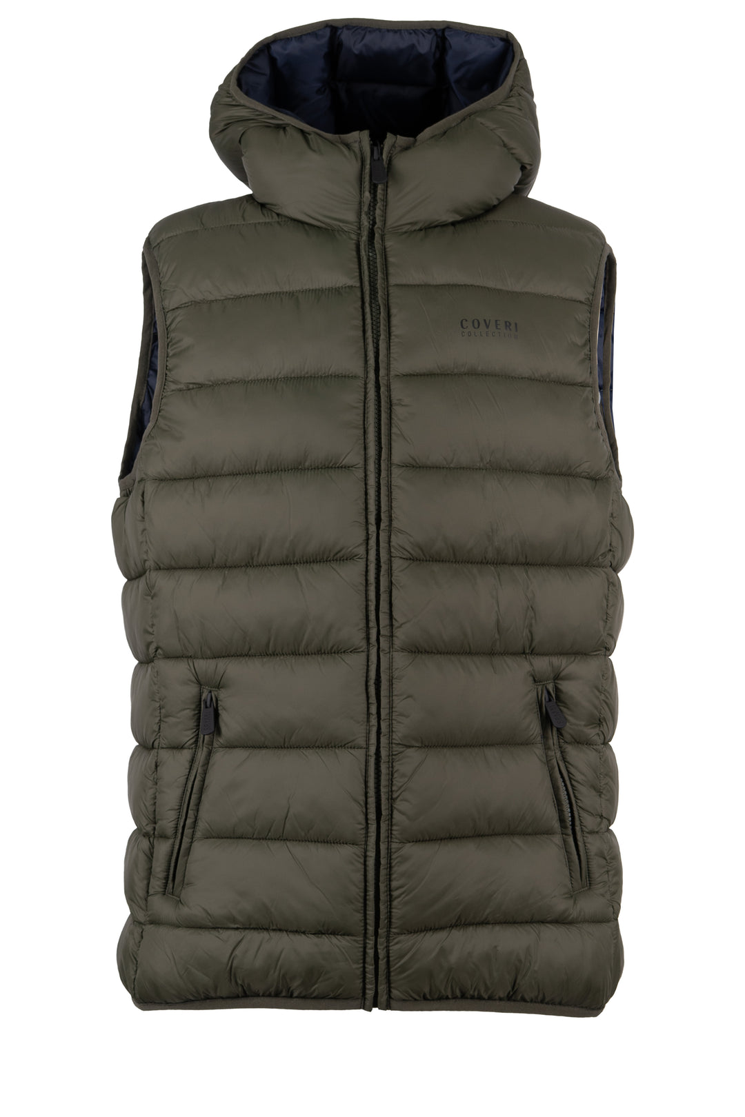 Gilet smanicato trapuntato con cappuccio non staccabile e interno in contrasto cromatico, full zip e tasche laterali
