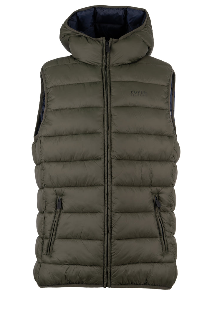 Gilet smanicato trapuntato con cappuccio non staccabile e interno in contrasto cromatico, full zip e tasche laterali