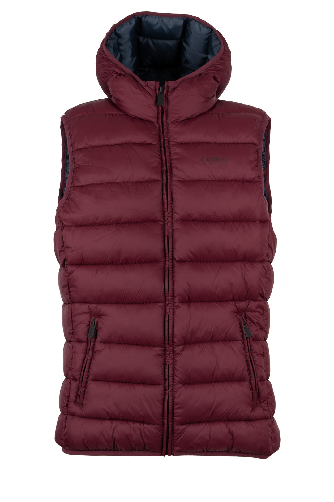 Gilet smanicato trapuntato con cappuccio non staccabile e interno in contrasto cromatico, full zip e tasche laterali