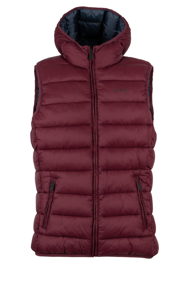 Gilet smanicato trapuntato con cappuccio non staccabile e interno in contrasto cromatico, full zip e tasche laterali