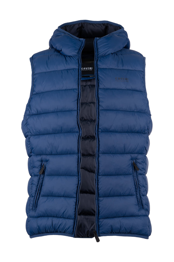 Gilet smanicato trapuntato con cappuccio non staccabile e interno in contrasto cromatico, full zip e tasche laterali