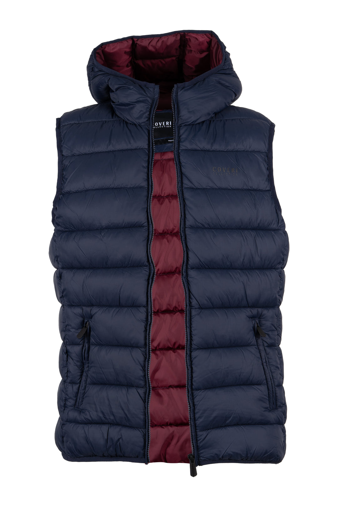 Gilet smanicato trapuntato con cappuccio non staccabile e interno in contrasto cromatico, full zip e tasche laterali