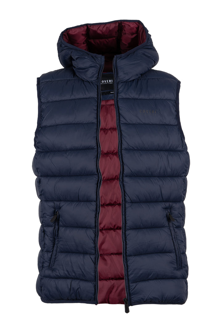 Gilet smanicato trapuntato con cappuccio non staccabile e interno in contrasto cromatico, full zip e tasche laterali