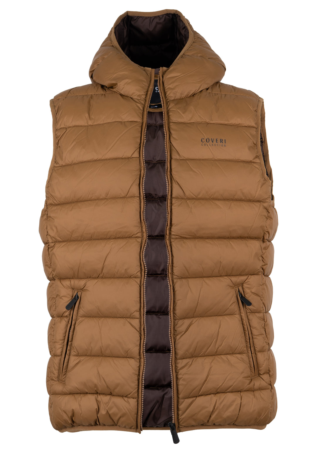 Gilet smanicato trapuntato con cappuccio non staccabile e interno in contrasto cromatico, full zip e tasche laterali