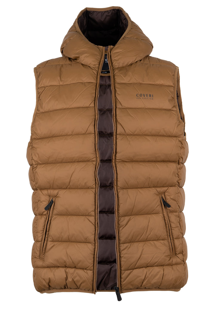 Gilet smanicato trapuntato con cappuccio non staccabile e interno in contrasto cromatico, full zip e tasche laterali