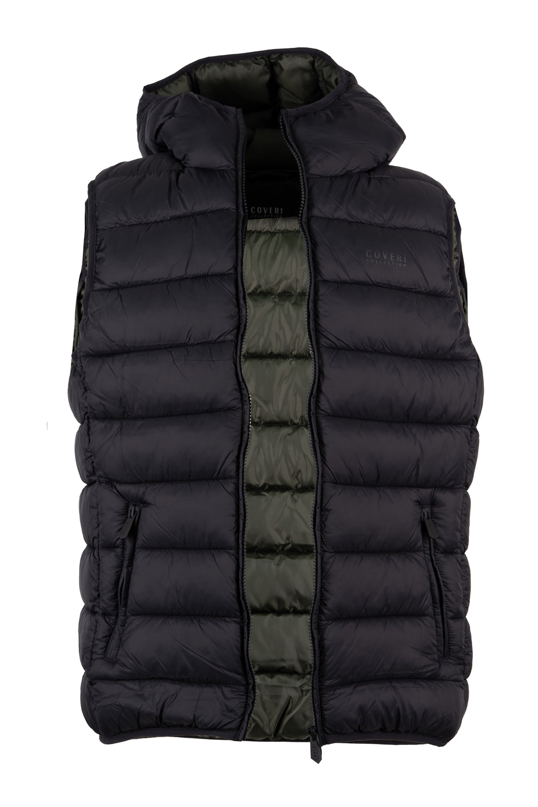 Gilet smanicato trapuntato con cappuccio non staccabile e interno in contrasto cromatico, full zip e tasche laterali