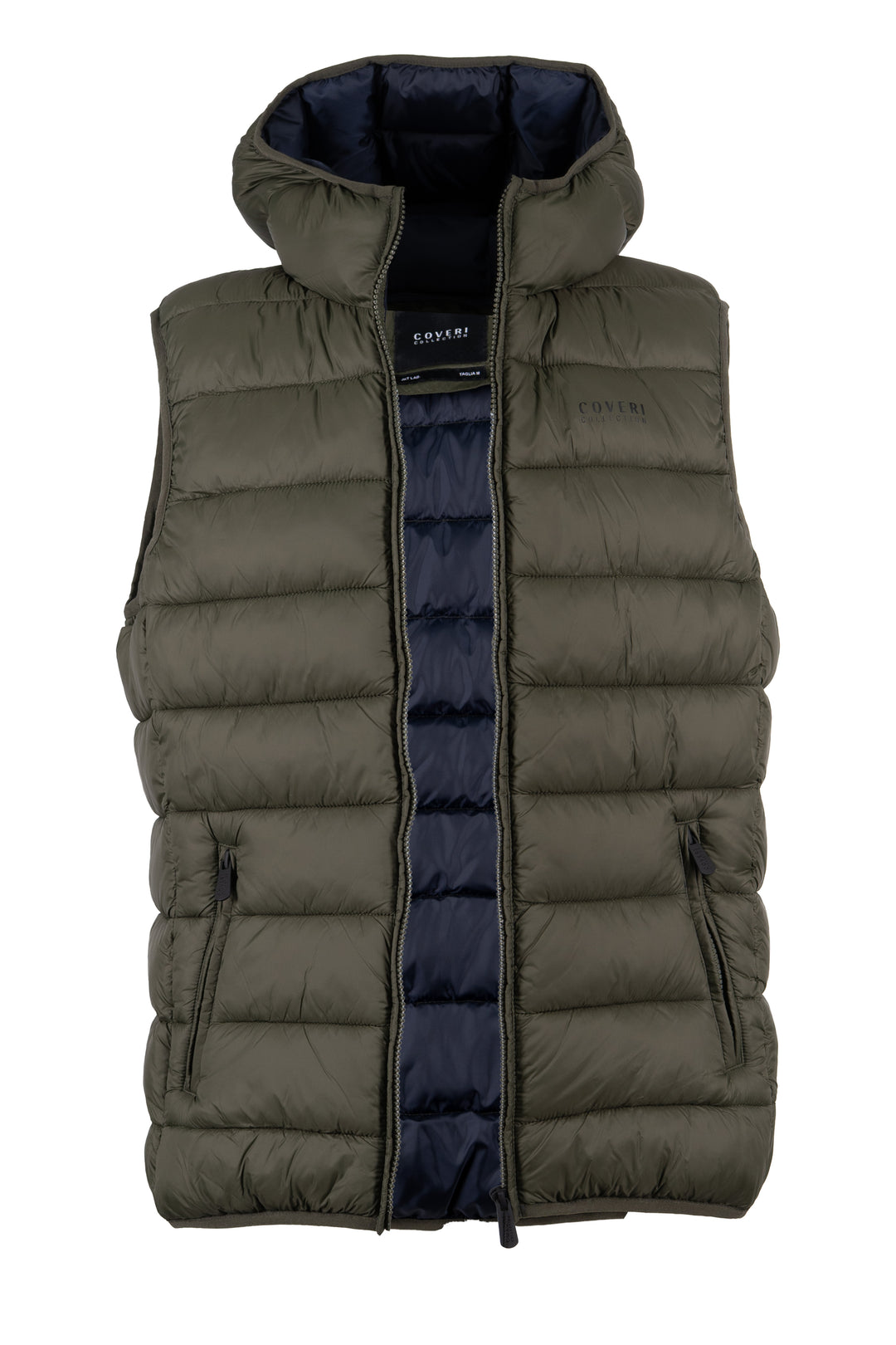 Gilet smanicato trapuntato con cappuccio non staccabile e interno in contrasto cromatico, full zip e tasche laterali