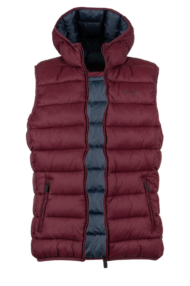 Gilet smanicato trapuntato con cappuccio non staccabile e interno in contrasto cromatico, full zip e tasche laterali