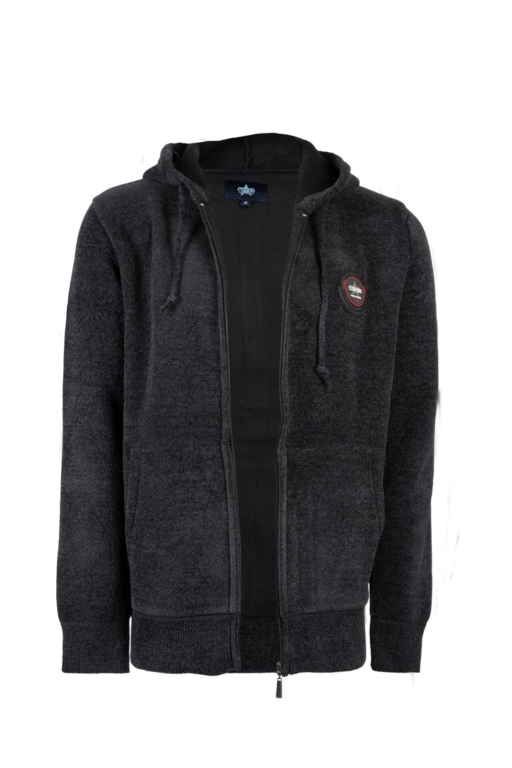 Giacca uomo full zip con cappuccio foderata in pile e patch sul cuore