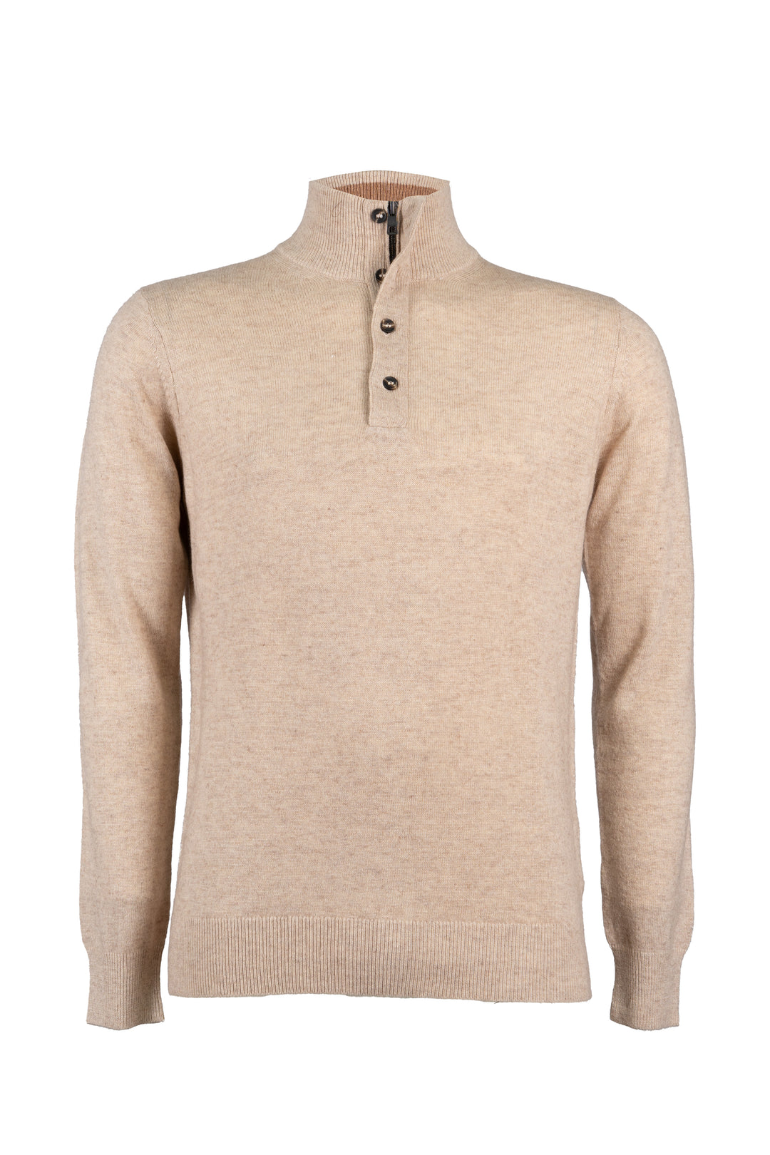 Pullover in misto cashmere con collo alto chiuso da mezza zip e 4 bottoni