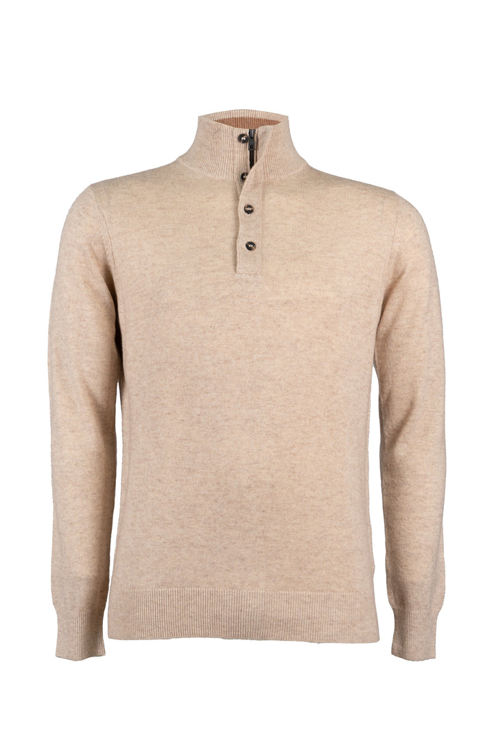 Pullover in misto cashmere con collo alto chiuso da mezza zip e 4 bottoni