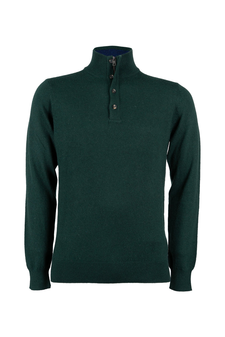 Pullover in misto cashmere con collo alto chiuso da mezza zip e 4 bottoni