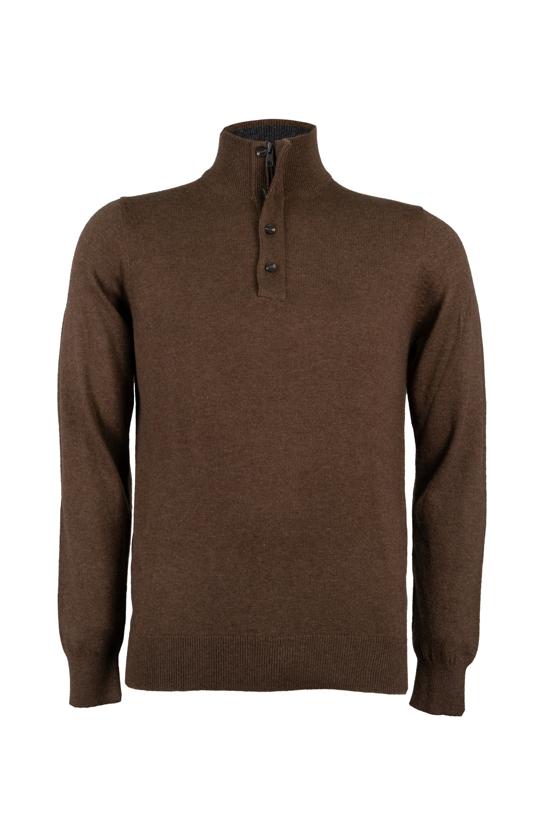 Pullover in misto cashmere con collo alto chiuso da mezza zip e 4 bottoni