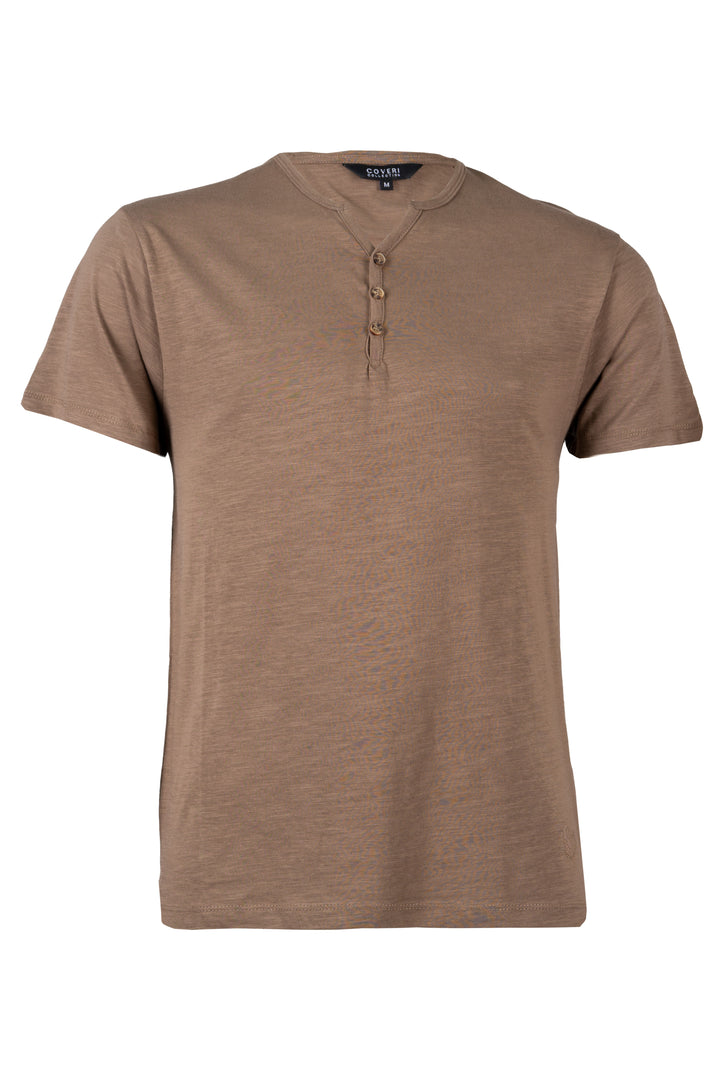 T-shirt manica corta tinta unita modello serafino in cotone slub