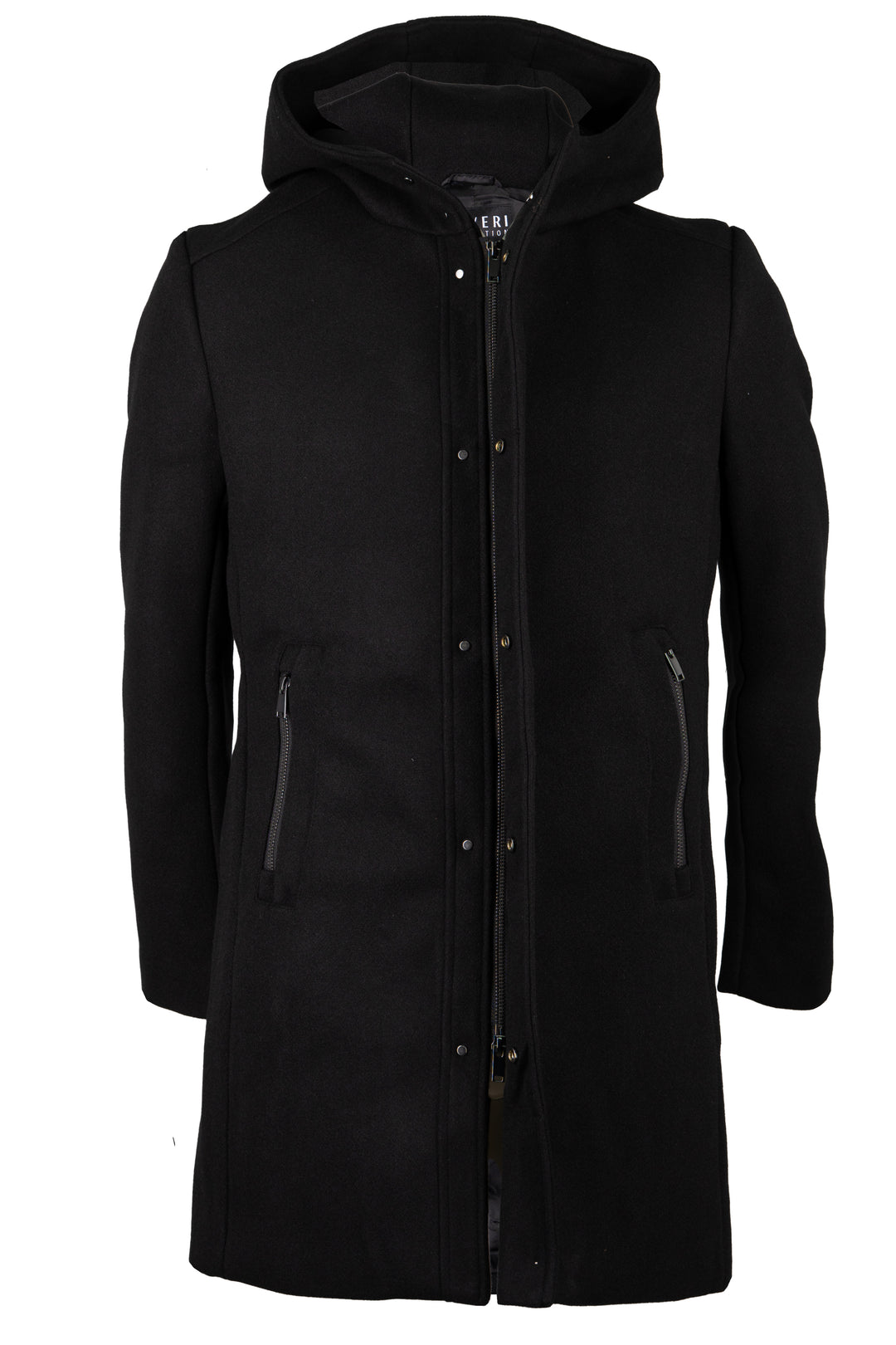 Cappotto lungo con cappuccio, zip intera e bottoni in morbido tessuto effetto lana
