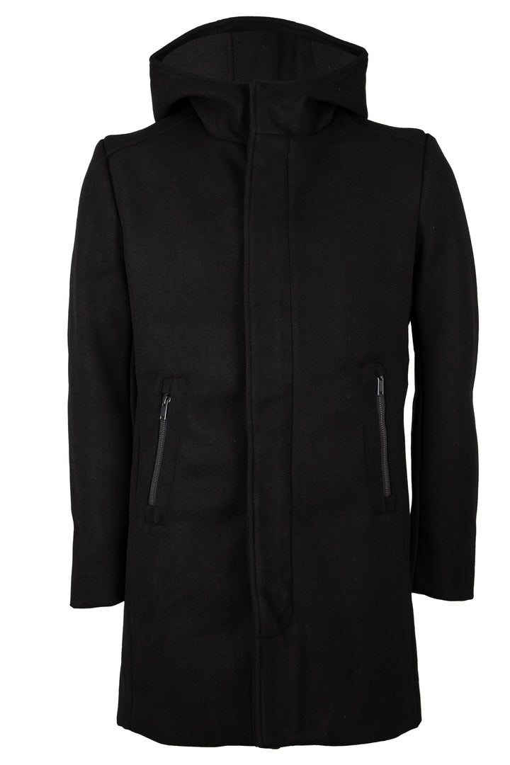 Cappotto lungo con cappuccio, zip intera e bottoni in morbido tessuto effetto lana