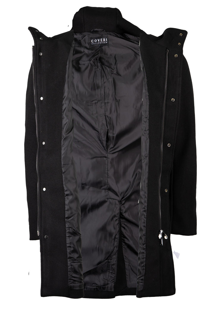 Cappotto lungo con cappuccio, zip intera e bottoni in morbido tessuto effetto lana