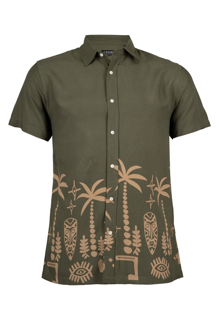 C/LOCO -- Camicia manica corta in viscosa stampa all over tropical con collo classico