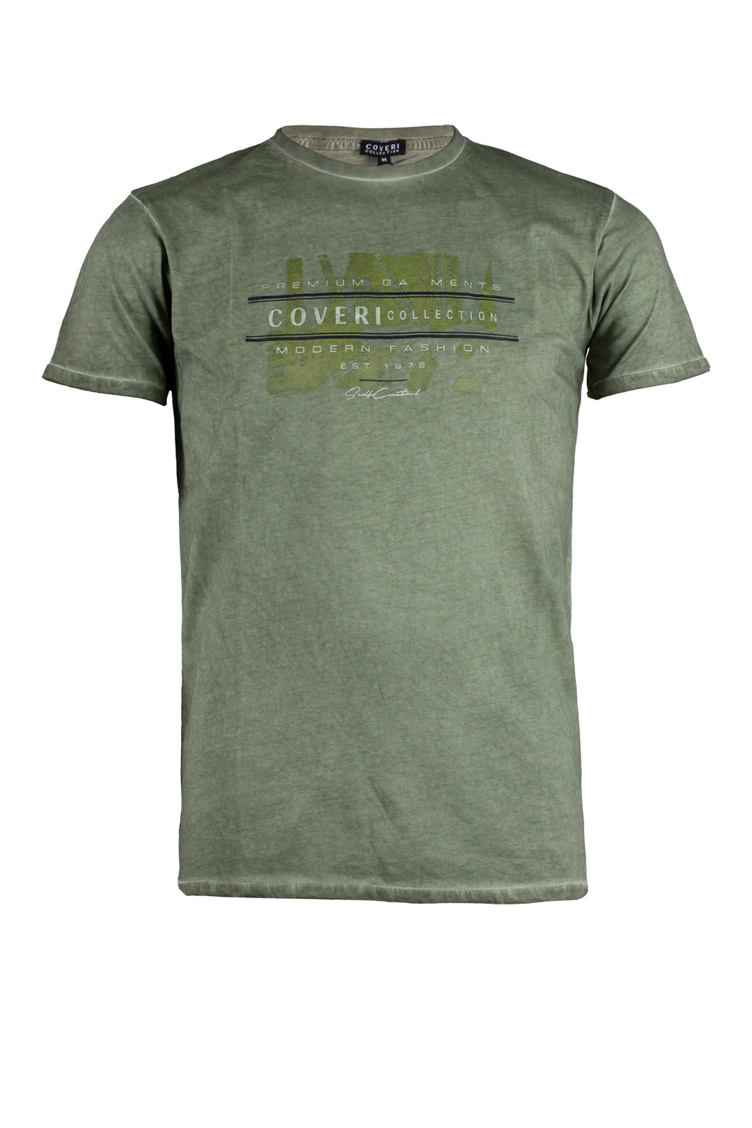 T-shirt uomo girocollo manica corta con stampa sul petto in tessuto con lavaggio cool dyeing