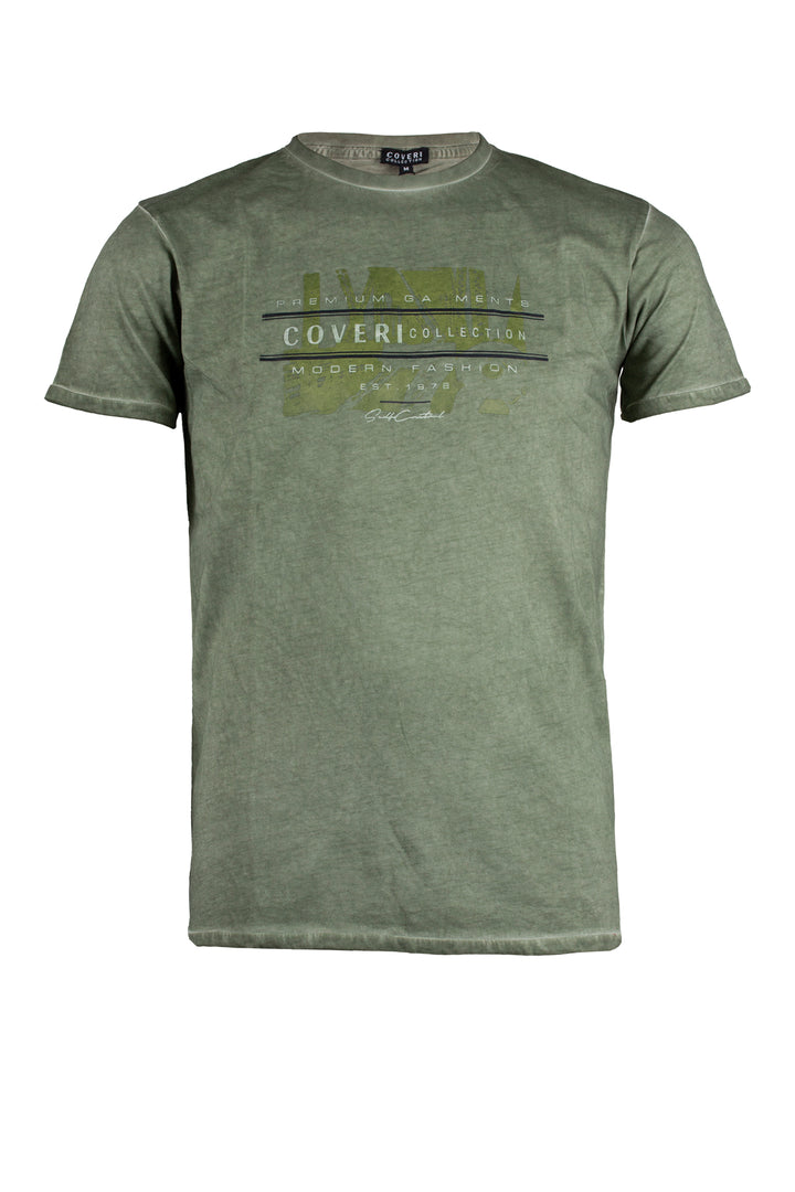 T-shirt uomo girocollo manica corta con stampa sul petto in tessuto con lavaggio cool dyeing