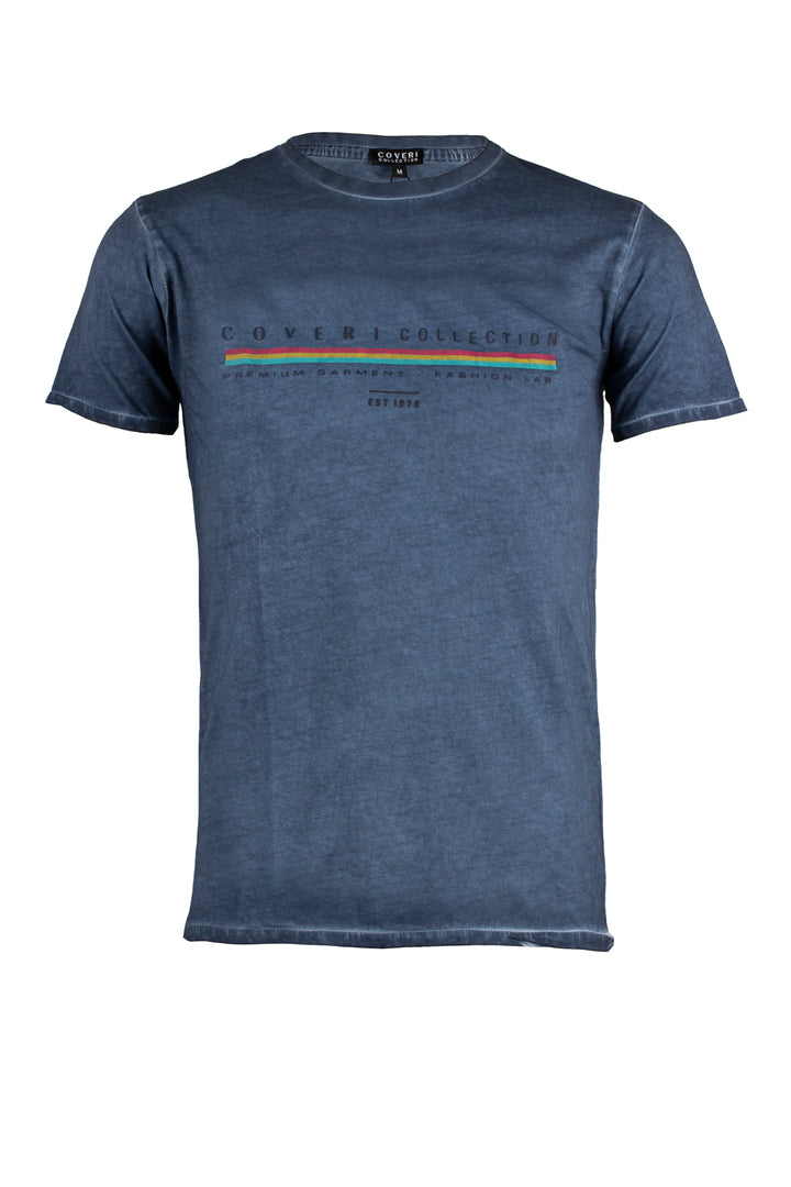 T-shirt uomo girocollo manica corta con stampa sul petto in tessuto con lavaggio cool dyeing