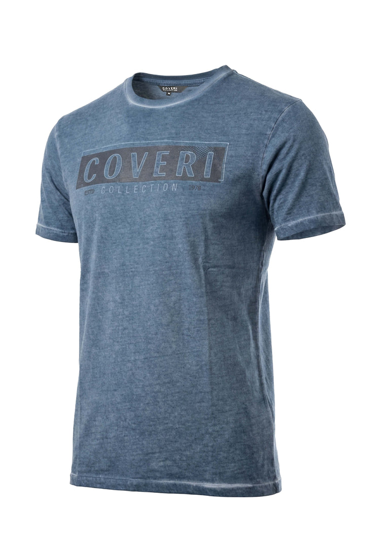 T-shirt uomo girocollo manica corta con stampa sul petto in tessuto con lavaggio cool dyeing