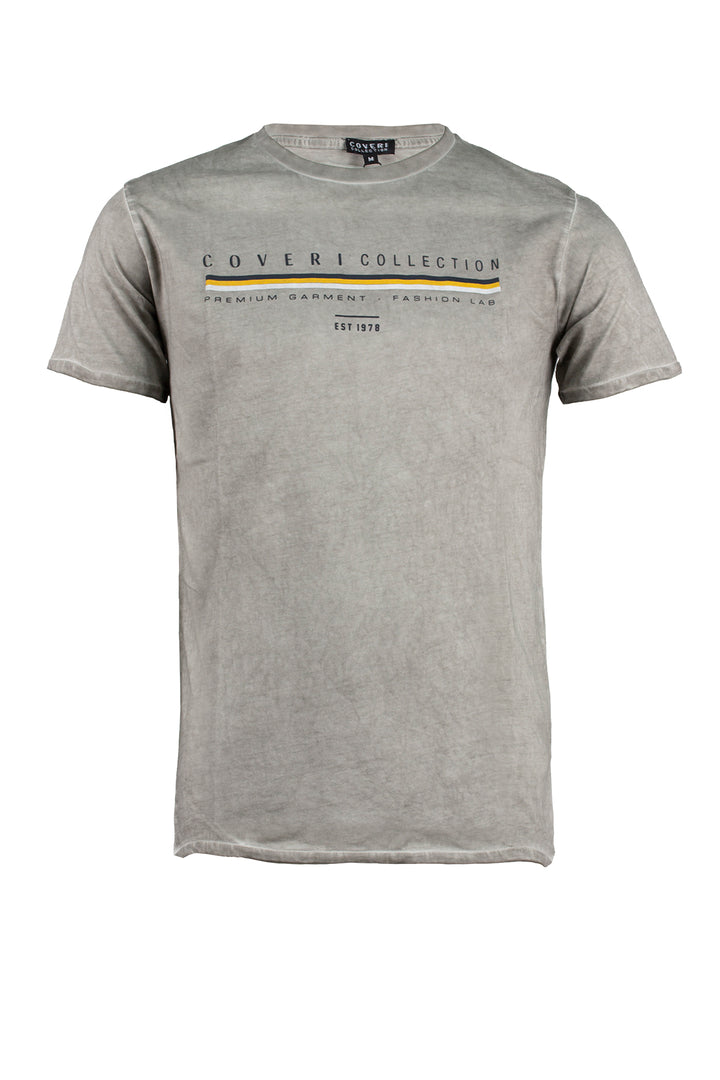 T-shirt uomo girocollo manica corta con stampa sul petto in tessuto con lavaggio cool dyeing