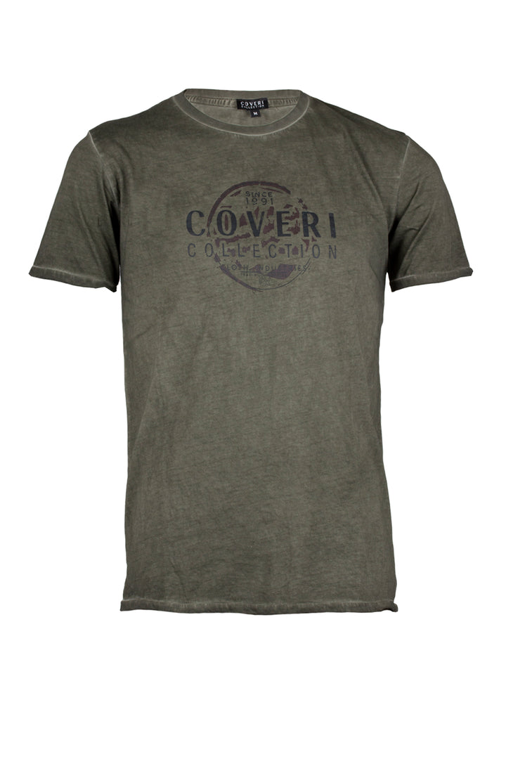 T-shirt uomo girocollo manica corta con stampa sul petto in tessuto con lavaggio cool dyeing