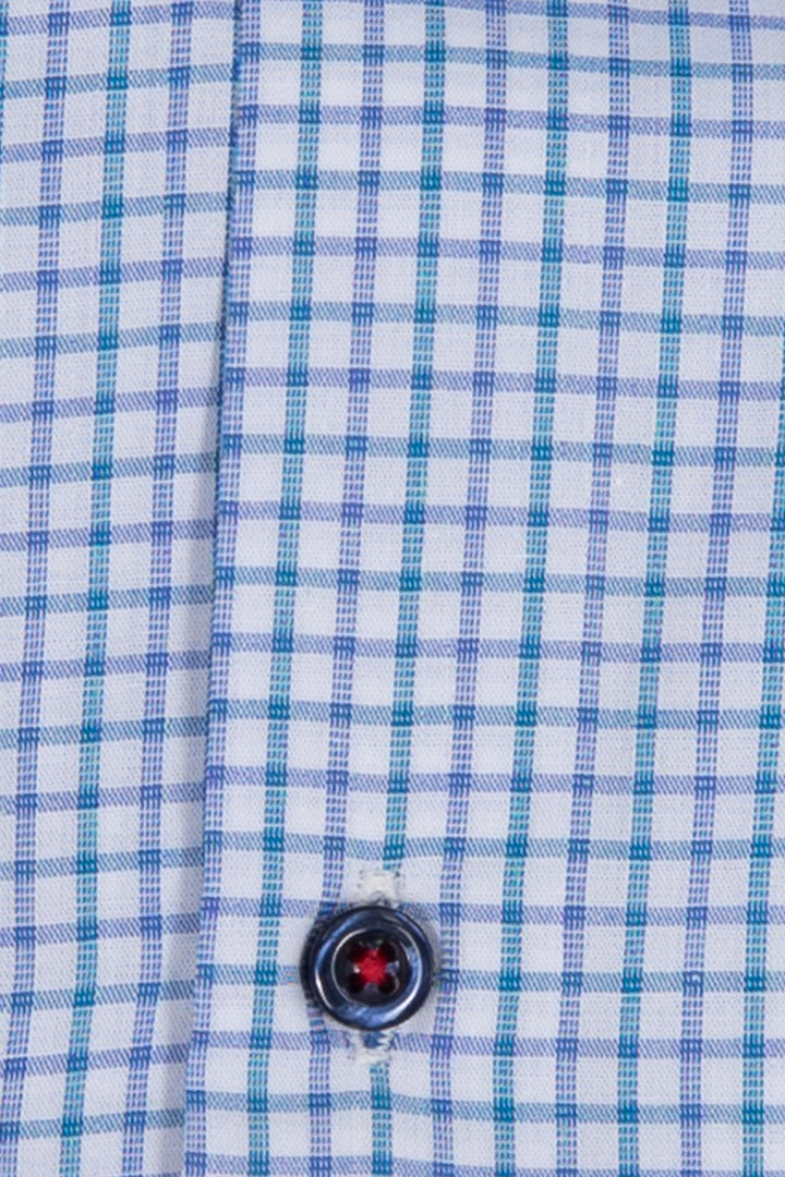 Camicia uomo button down Coveri Collection in puro cotone fantasia con interno collo e polsini in contrasto e ultimo bottone blu