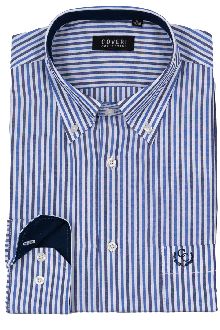 Camicia uomo button down Coveri Collection in puro cotone fantasia con interno collo e polsini in contrasto e ultimo bottone blu