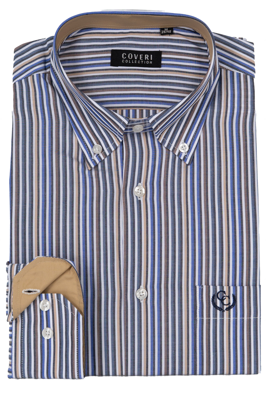 Camicia uomo button down Coveri Collection in puro cotone fantasia con interno collo e polsini in contrasto e ultimo bottone blu