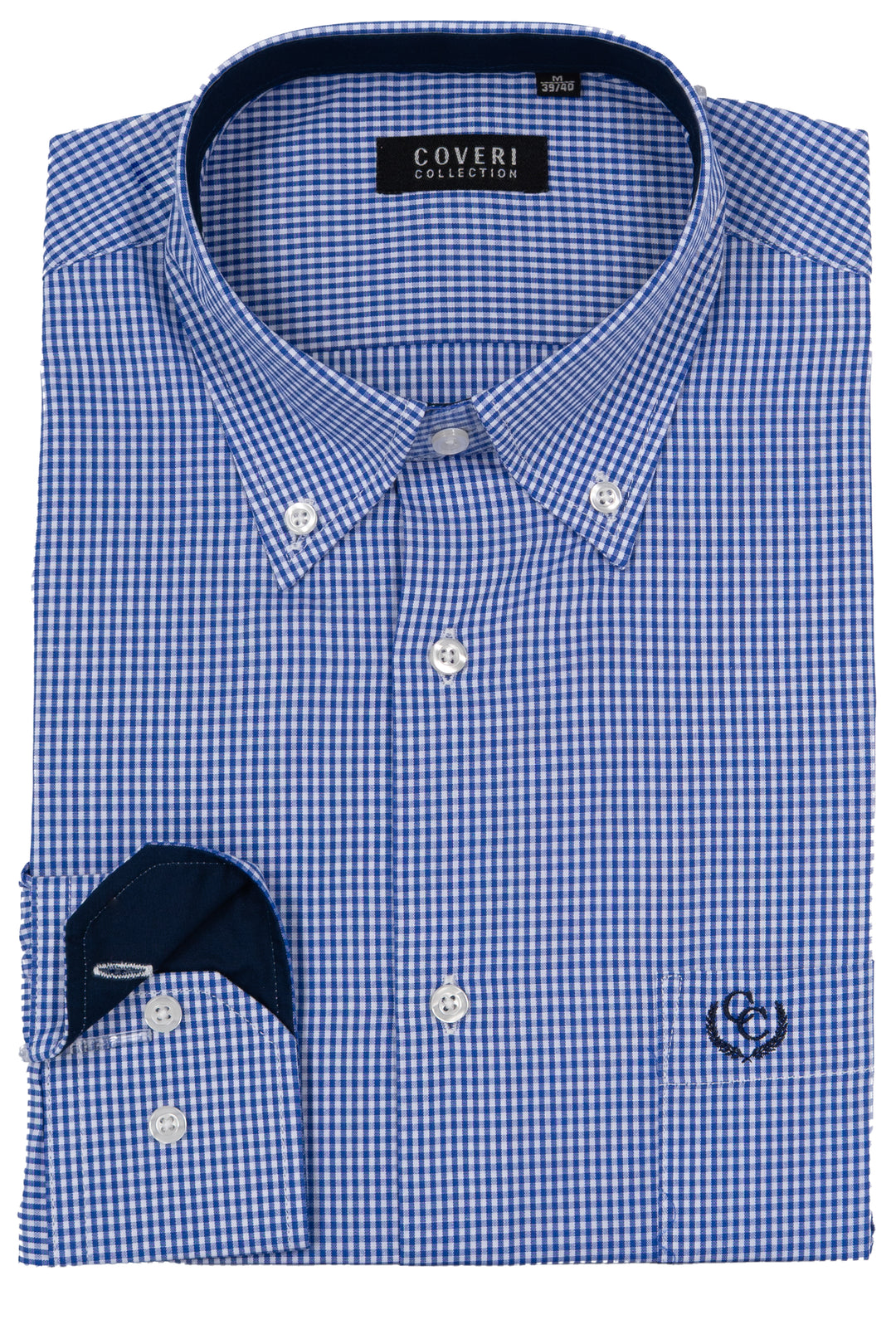 Camicia uomo button down Coveri Collection in puro cotone fantasia con interno collo e polsini in contrasto e ultimo bottone blu